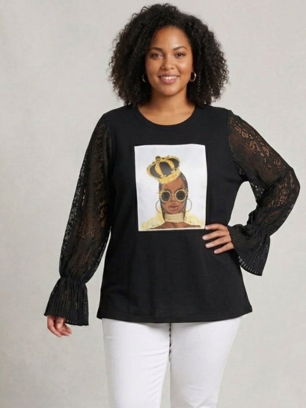 Urban Streetwear Women Black Lace Sleeve Queen Graphic Top Polyester Blouse 1X